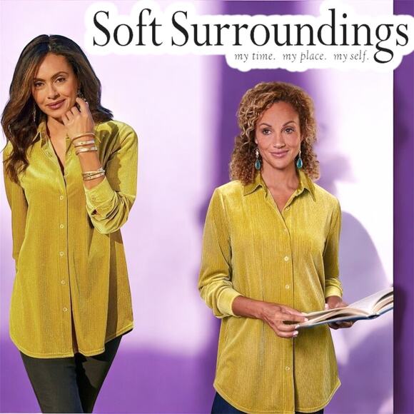 SOFT SURROUNDINGS VELVET LONG SLEEVE BUTTON FRONTBLOUSE SZ MEDIUM MUSTARD YELLOW - Picture 1 of 10